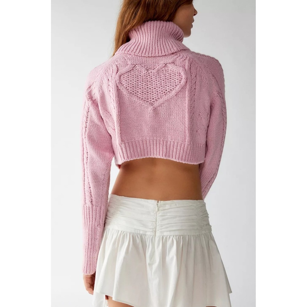 For Love & Lemons Vera Cropped Turtleneck Sweater Pink Heart Cutout XS NEW - Picture 5 of 7